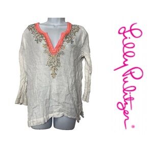 Lilly Pulitzer Amelia Island White Embroidered 100% Linen V-Neck Tunic Coastal L